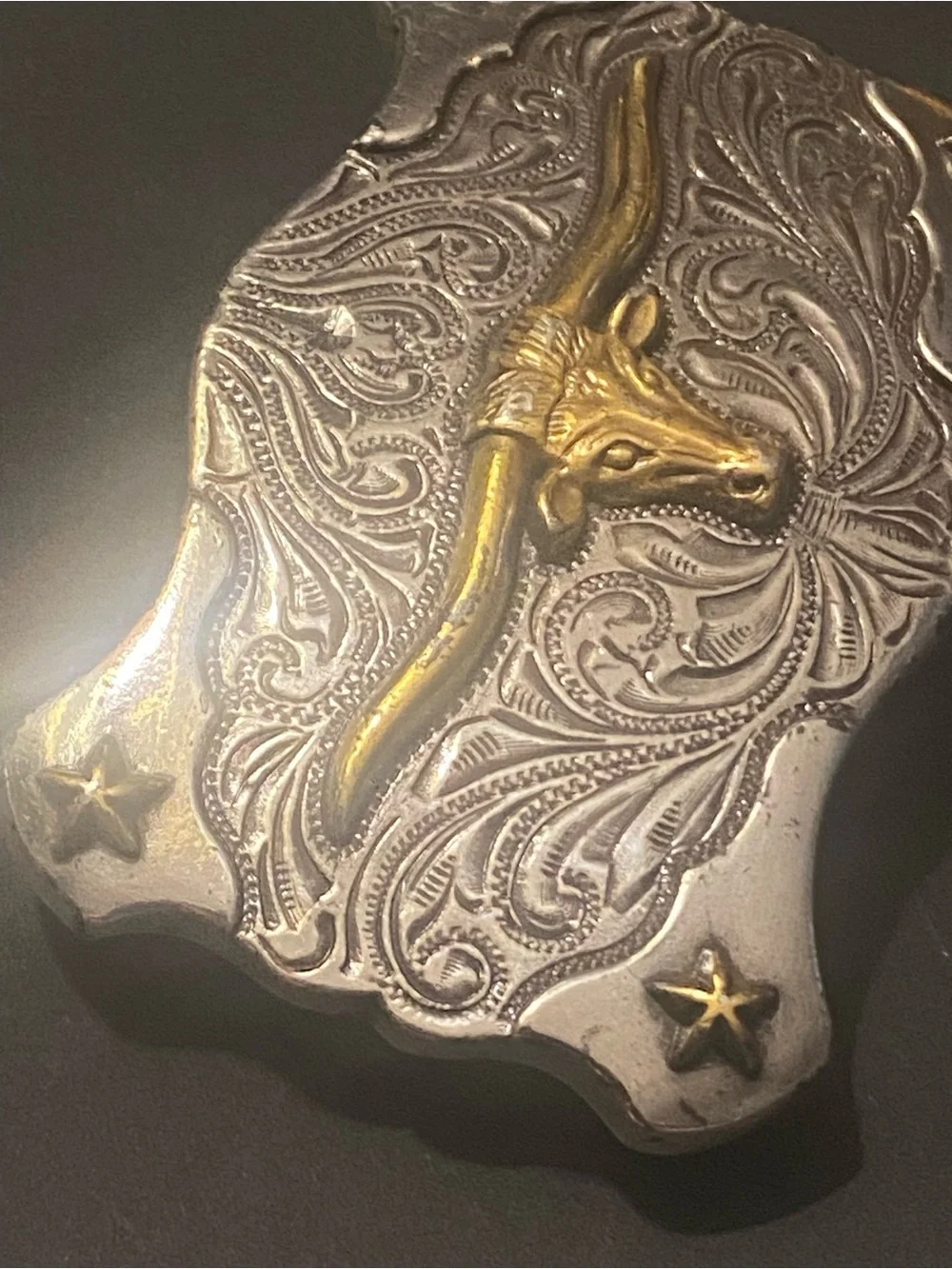 Vintage Western Style Longhorn Steer Belt Buckle Two-Tone Silver & Gold Draign